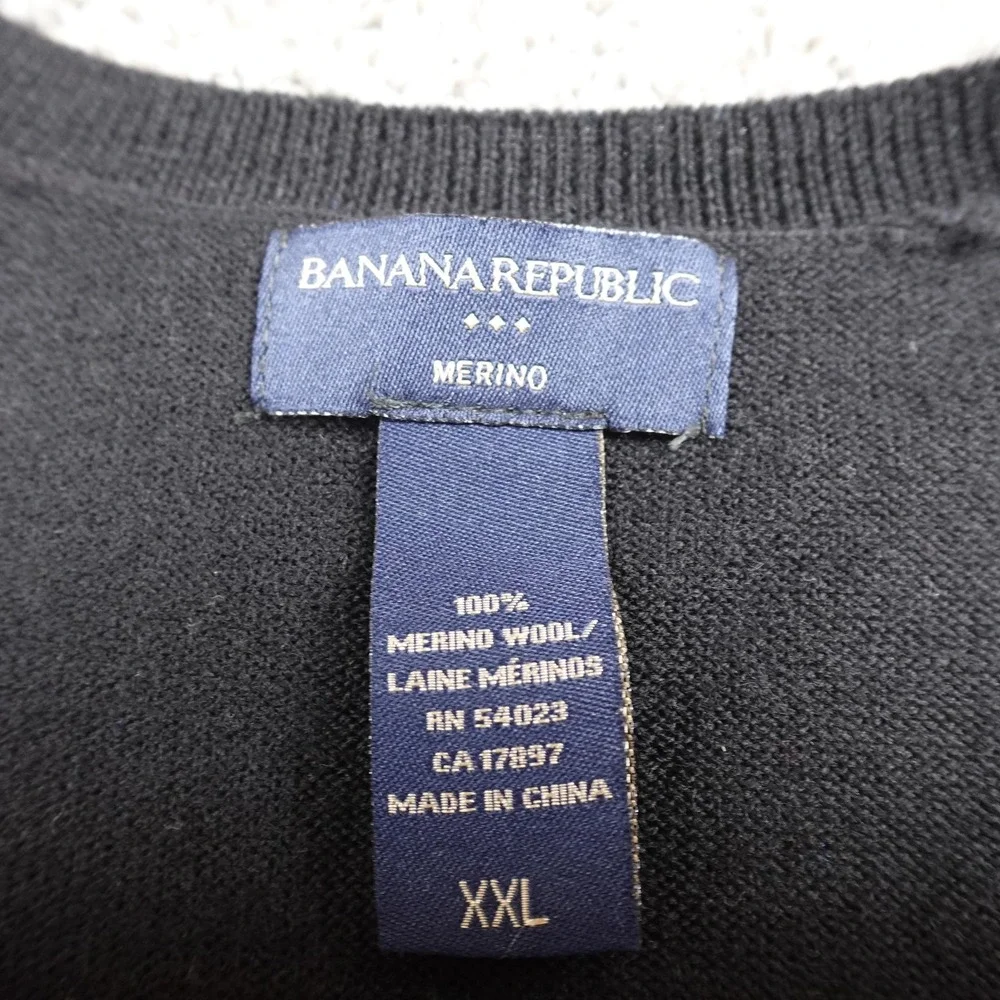 Banana Republic Sweater Mens 2XL Black Gray Merino Wool Argyle V‎ Neck Pullover